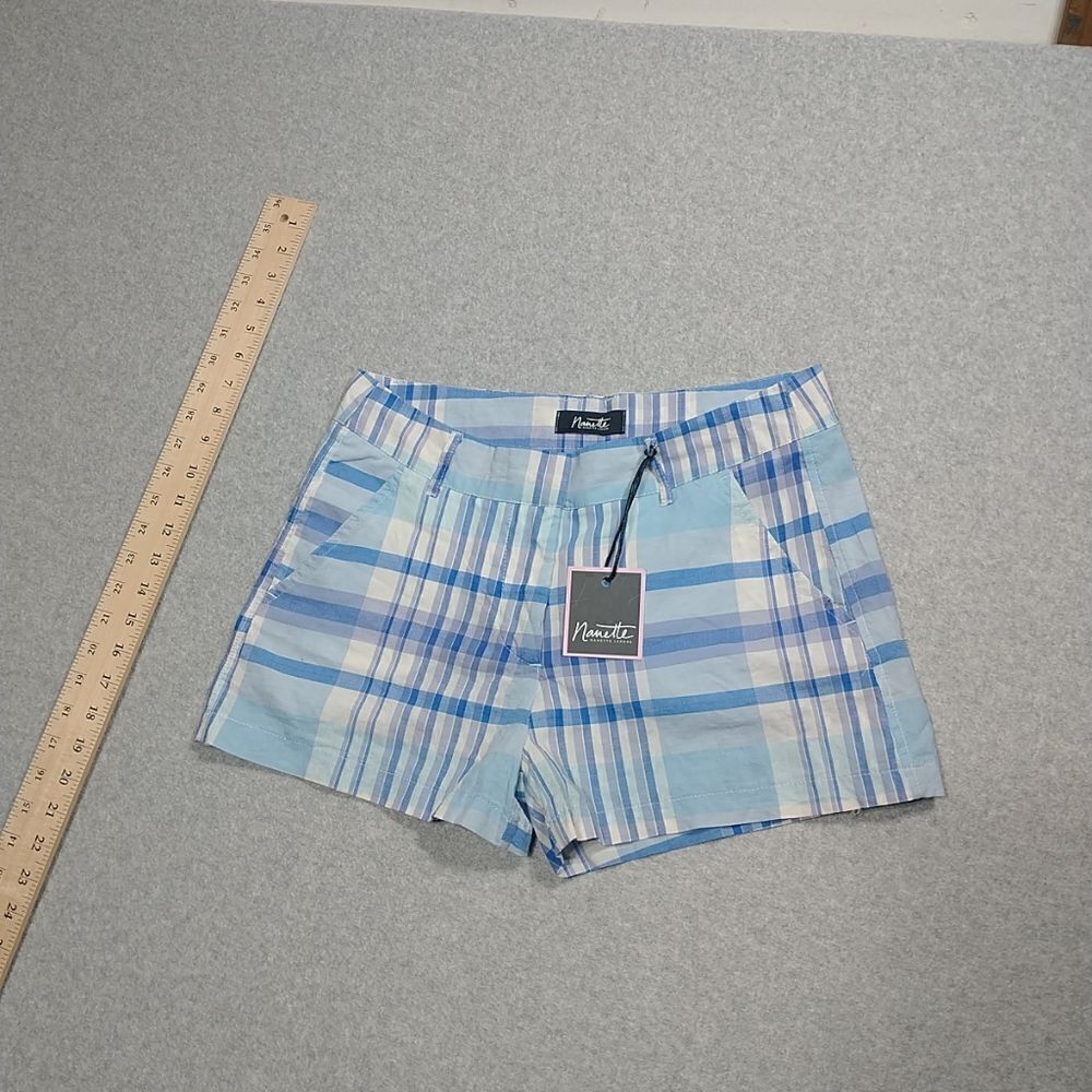 NWT Nanette Lepore Woman's SZ 7 Checked High Waist Pull On Shorts Blue White